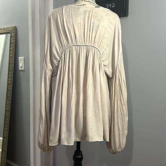 Mustard Seed Pleated Beige / Cream Ruffled Puffy Sleeve V-Neck Blouse L - Picture 4 of 6